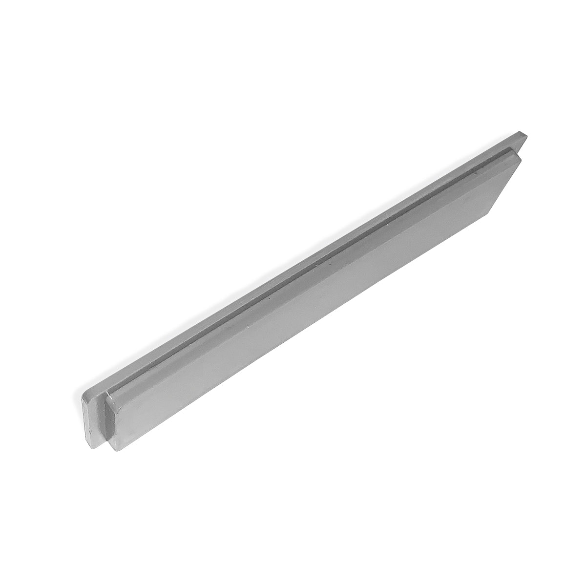 Stainless steel linear drain component with sloped design and integrated outlet connection.