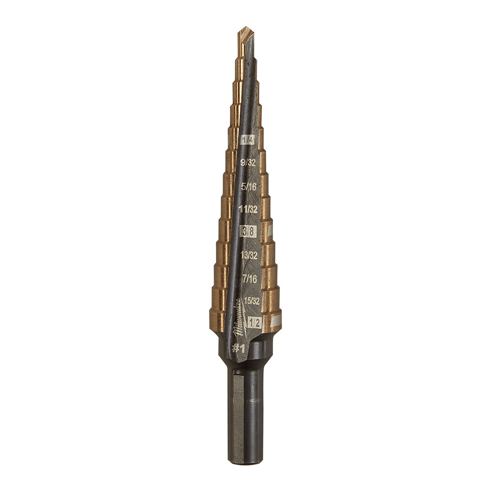 Milwaukee Cobalt step drill bit with multiple stepped diameters marked from 1/8" to 1/2" and black cylindrical shank.