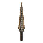 Milwaukee Cobalt step drill bit with multiple stepped diameters marked from 1/8" to 1/2" and black cylindrical shank.