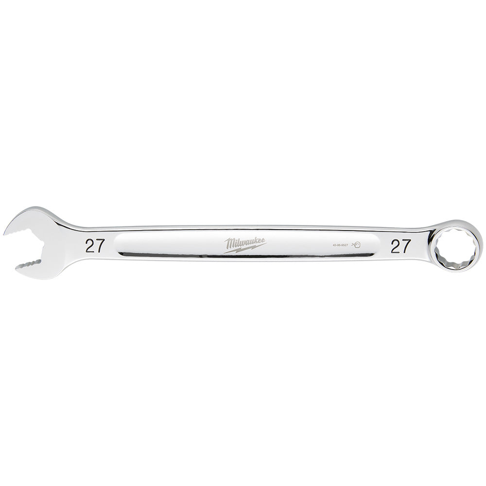 Silver 27mm combination wrench with open and closed ends, Milwaukee branding on handle.