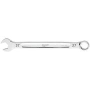 Silver 27mm combination wrench with open and closed ends, Milwaukee branding on handle.
