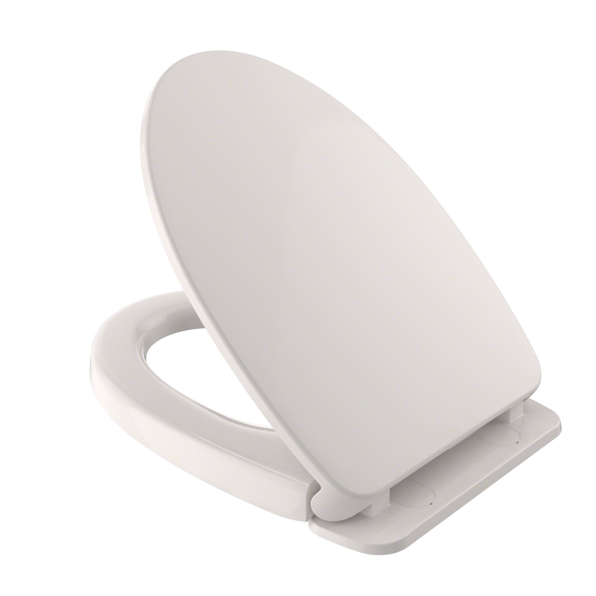 White elongated toilet seat and lid with slow-close mechanism and mounting hardware visible.