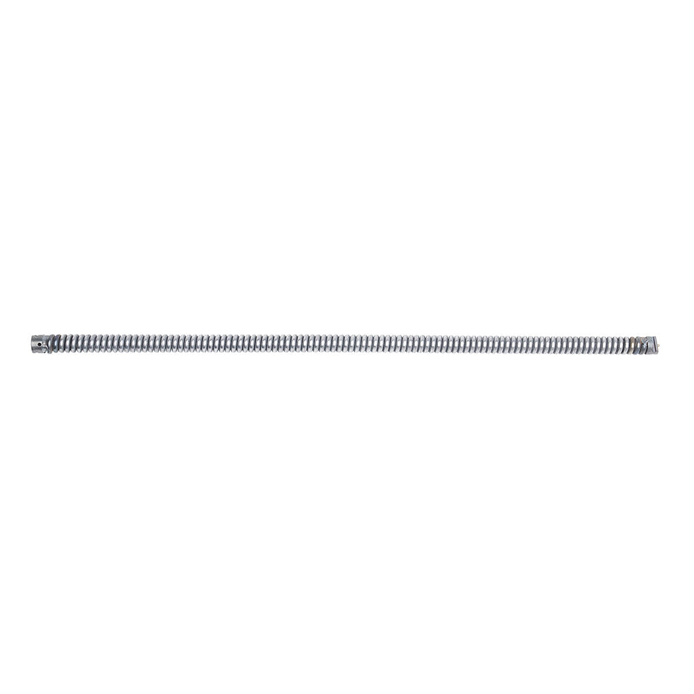 Coiled metal leader cable with connectors on both ends against white background.