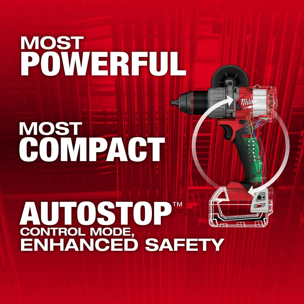 Milwaukee M18 FUEL 1/2" drill/driver with black and red body, shown with battery and internal component diagrams on red backg