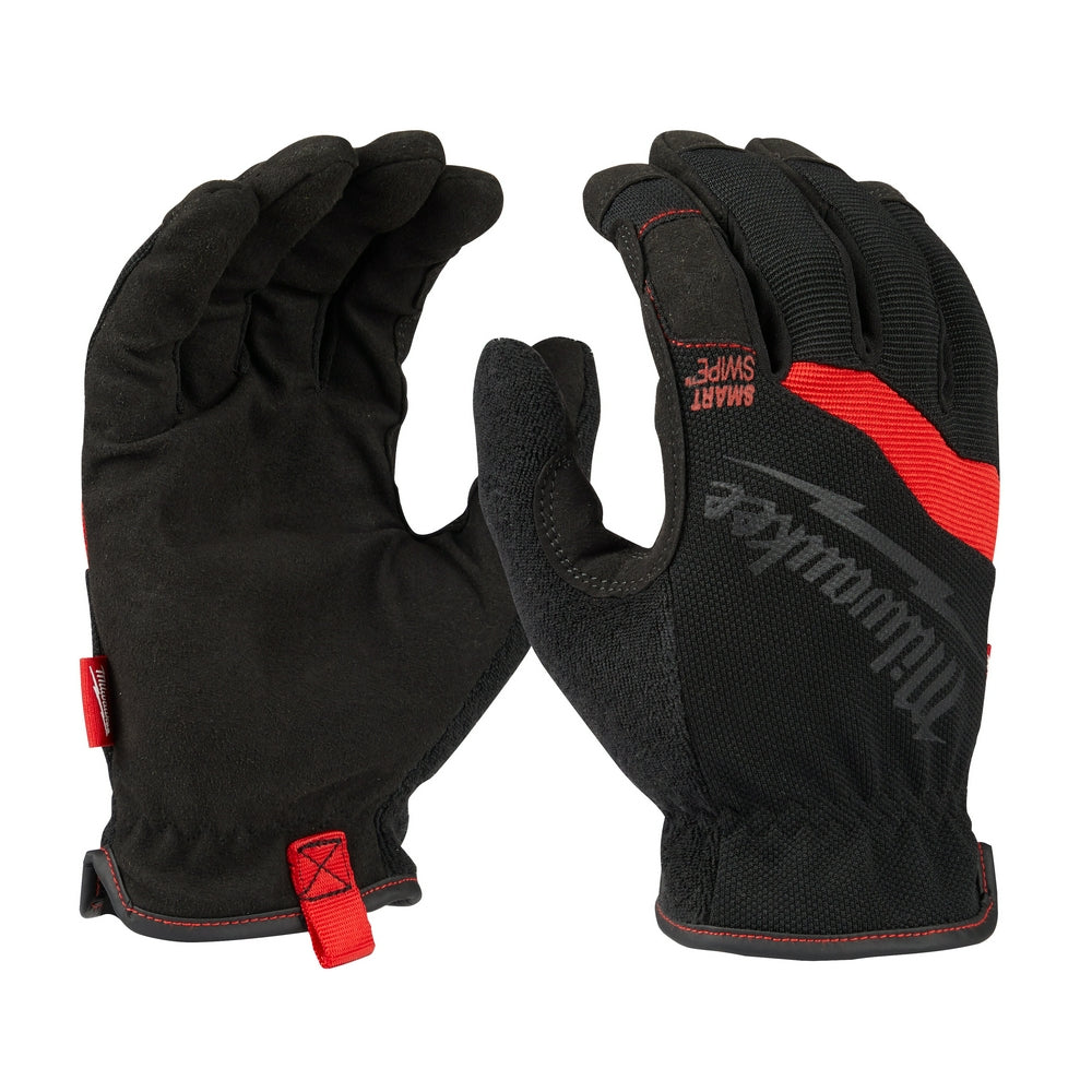 Black work gloves with red accents, padded palms, textured fingers, and red wrist straps shown from front and back views.