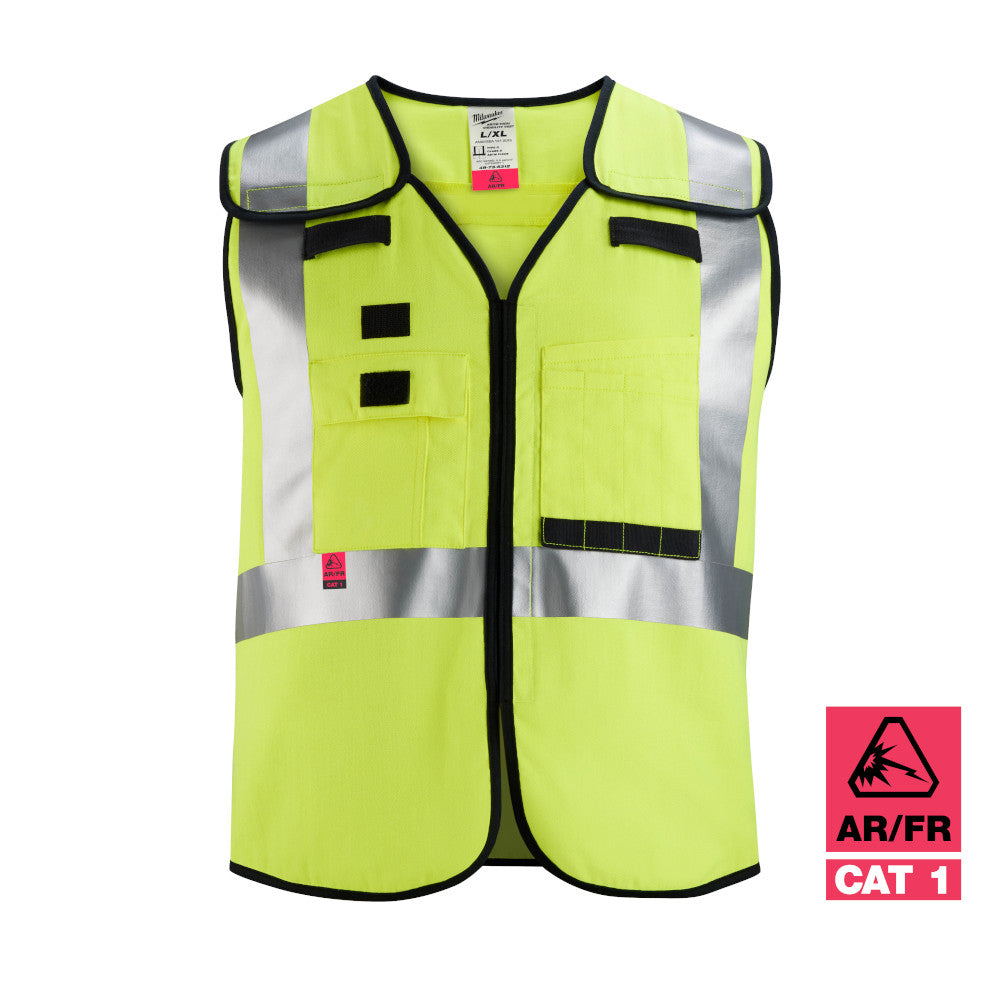 High-visibility yellow safety vest with reflective silver stripes, black trim, multiple pockets, and breakaway closures.