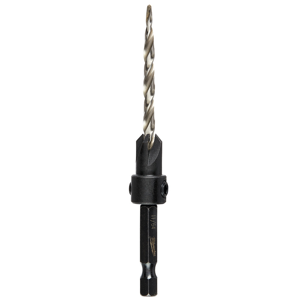 Metal countersink bit with black shaft and conical cutting head with spiral drill portion.