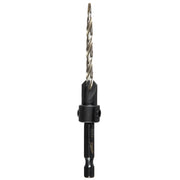 Metal countersink bit with black shaft and conical cutting head with spiral drill portion.