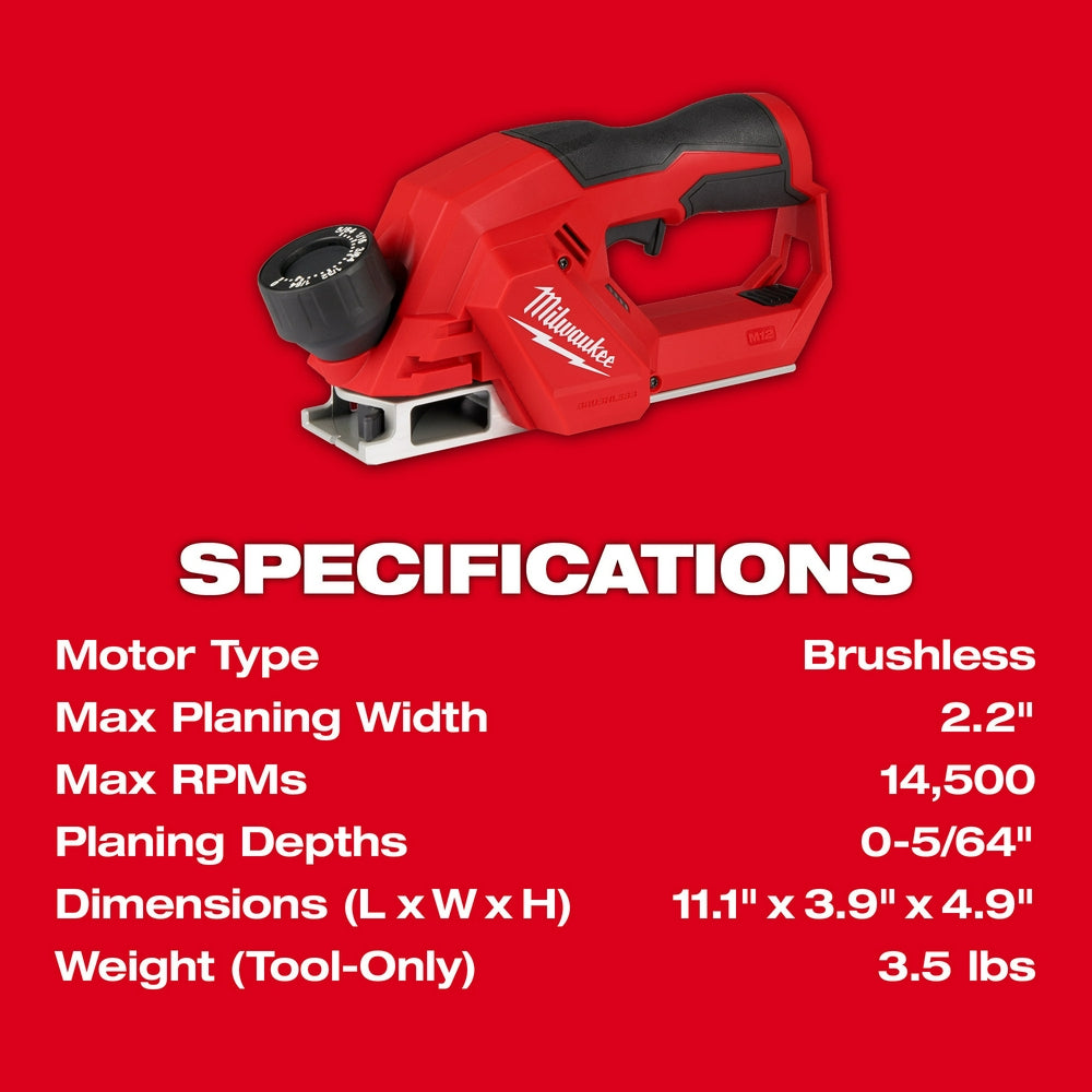 Red and black Milwaukee M12 brushless planer with adjustable depth knob and flat base, shown against red background.