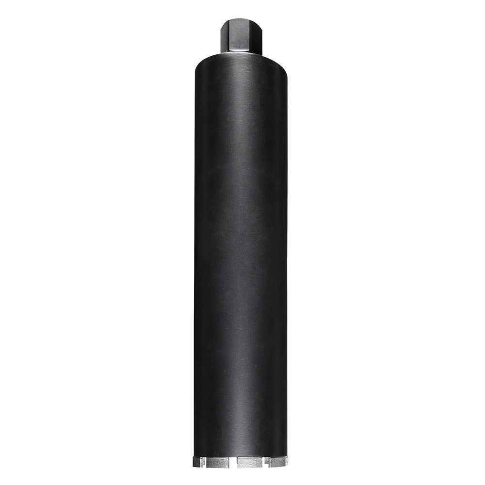 Black cylindrical diamond core bit with metal collar at base and connector at top.