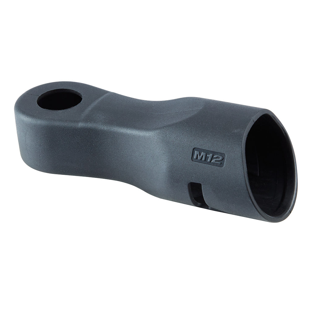 Gray rubber protective boot with cylindrical opening on right end and circular hole on top, marked "M12" on side.