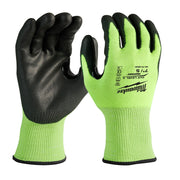 High-visibility work gloves with neon yellow knit exterior and black polyurethane-dipped palm and fingers.