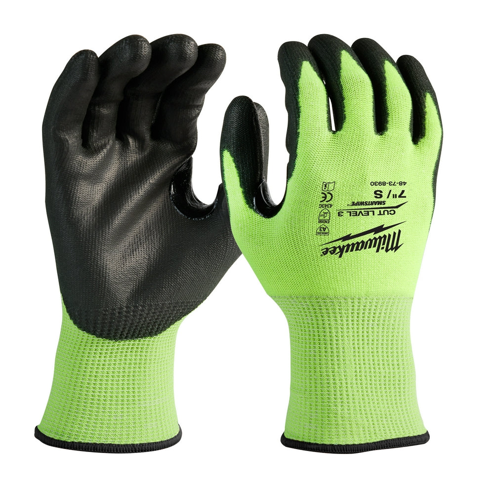 High-visibility work gloves with neon yellow knit exterior and black polyurethane-dipped palm and fingers.
