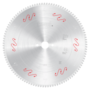 Freud 350mm circular saw blade with silver coating and red wave symbols marking tooth pattern for aluminum cutting.