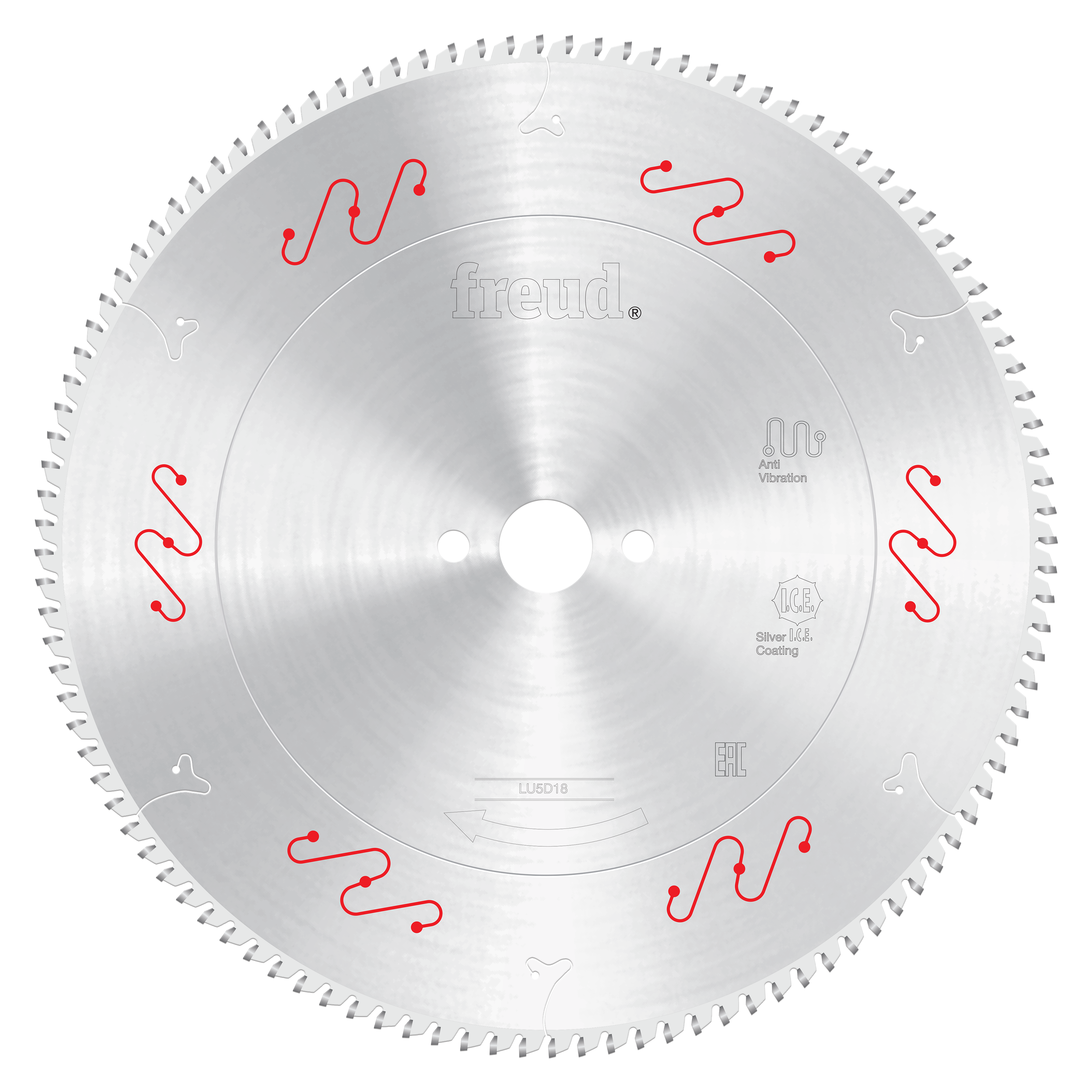 Freud 350mm circular saw blade with silver coating and red wave symbols marking tooth pattern for aluminum cutting.