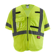 Neon yellow mesh safety vest with reflective gray stripes, front pockets, and zip closure displayed flat.