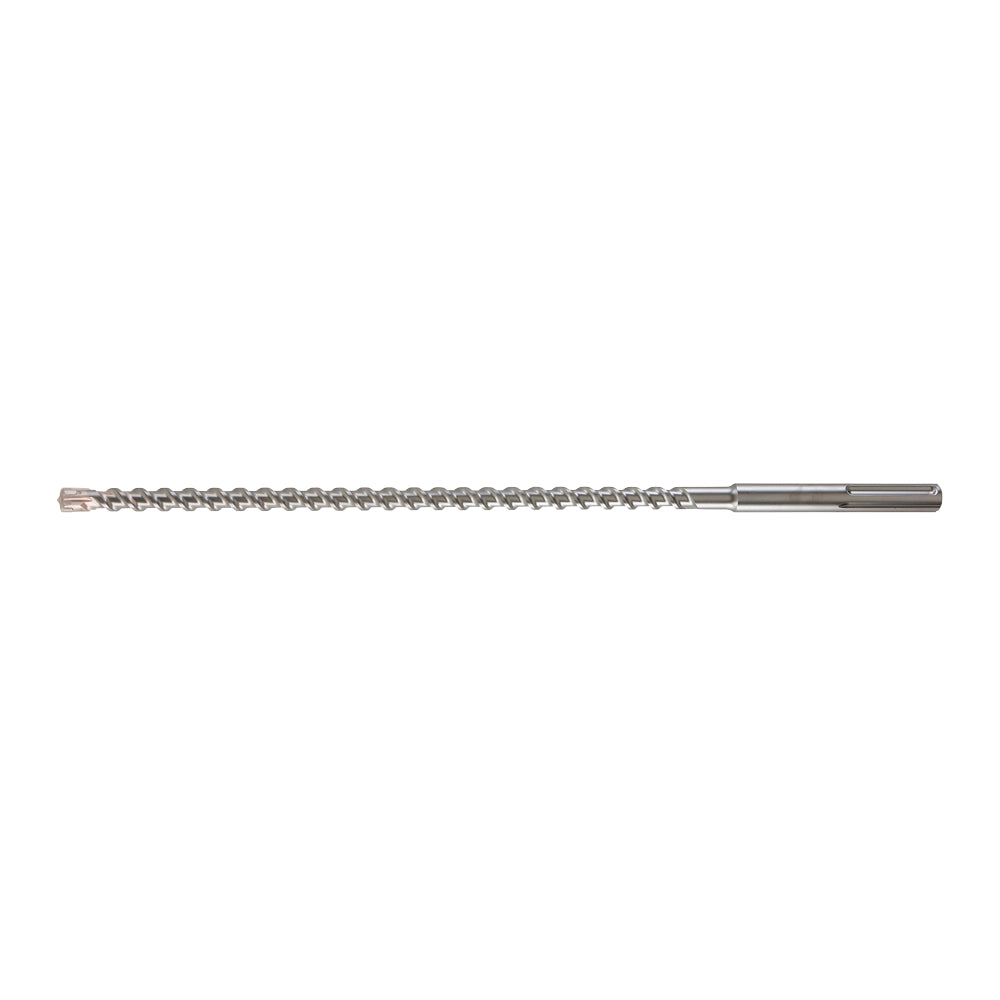 Long metal SDS-Max rotary hammer drill bit with four spiral flutes and cylindrical shank.