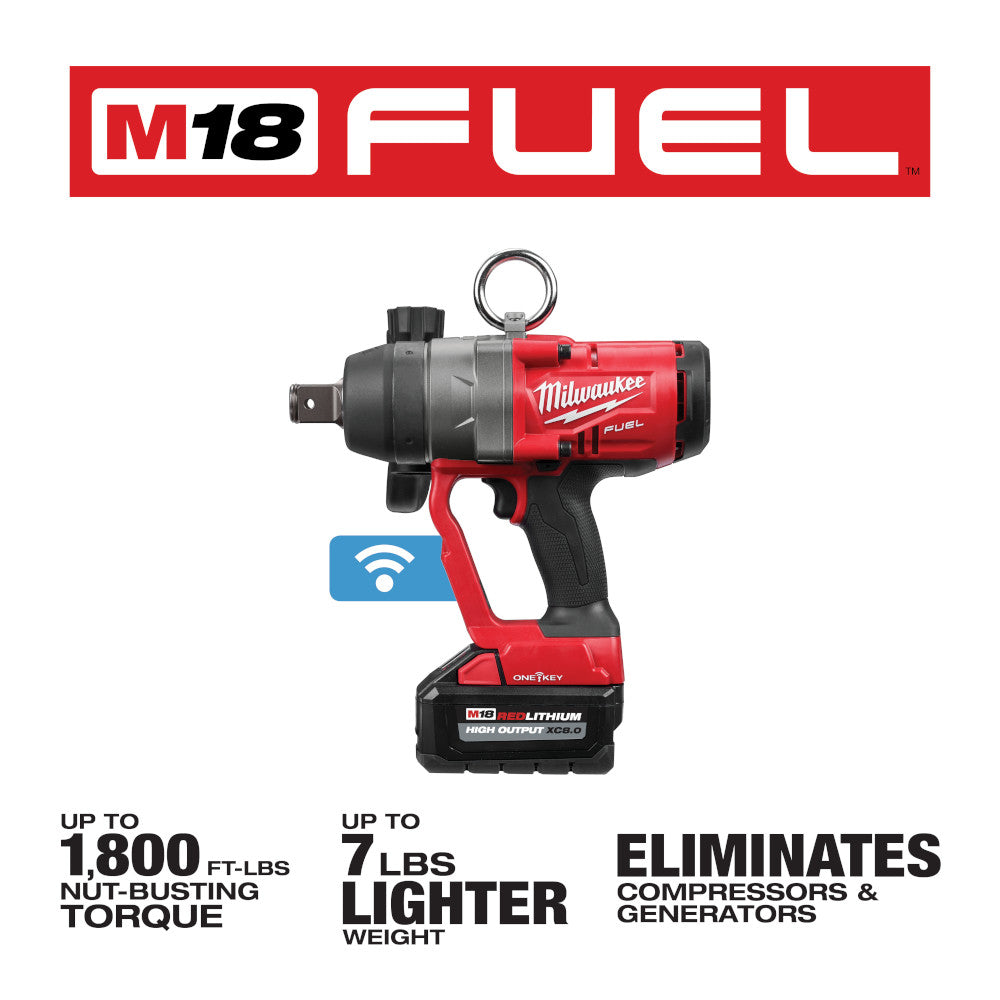 Milwaukee M18 FUEL high torque impact wrench with red and black body, ring handle, and ONE-KEY smart feature indicator.