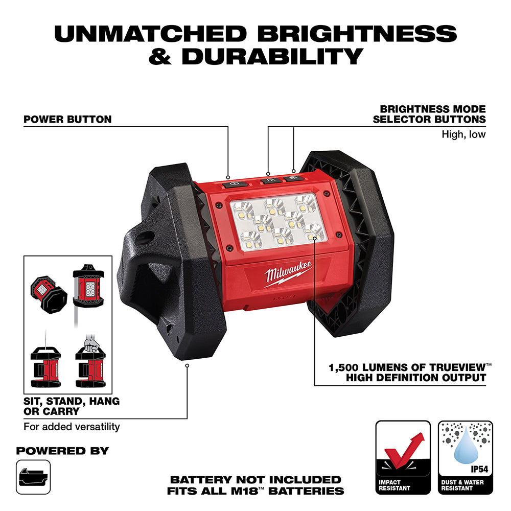 Milwaukee M18 red and black LED flood light with adjustable stand and handles on white background.