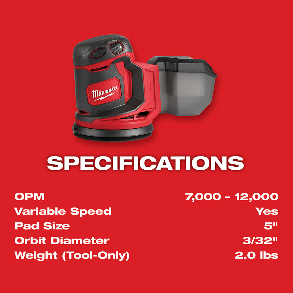 Milwaukee M18 random orbit sander with red and black housing, circular pad, and dust collection container on red background.