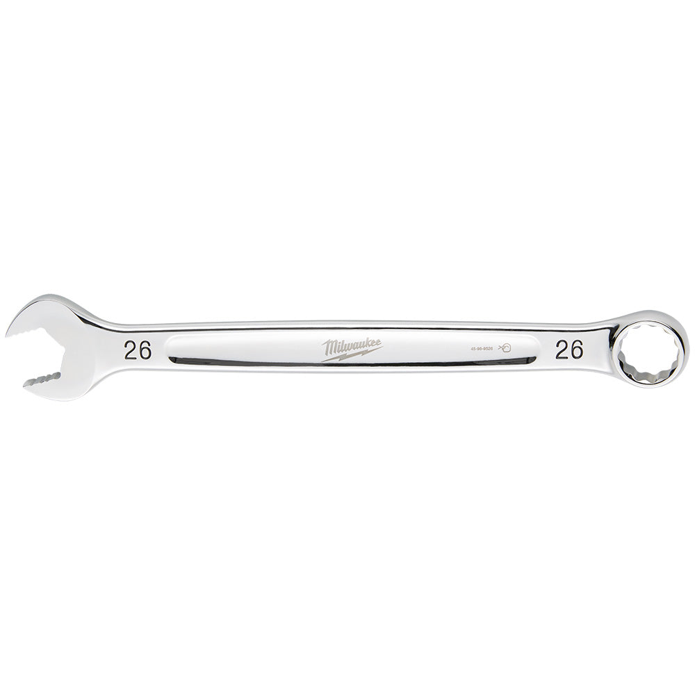 Silver 26MM combination wrench with open end on left and circular ring end on right.