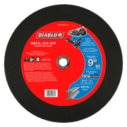 Black abrasive cutting disc with red and blue label showing Diablo branding and metal cut-off specifications.
