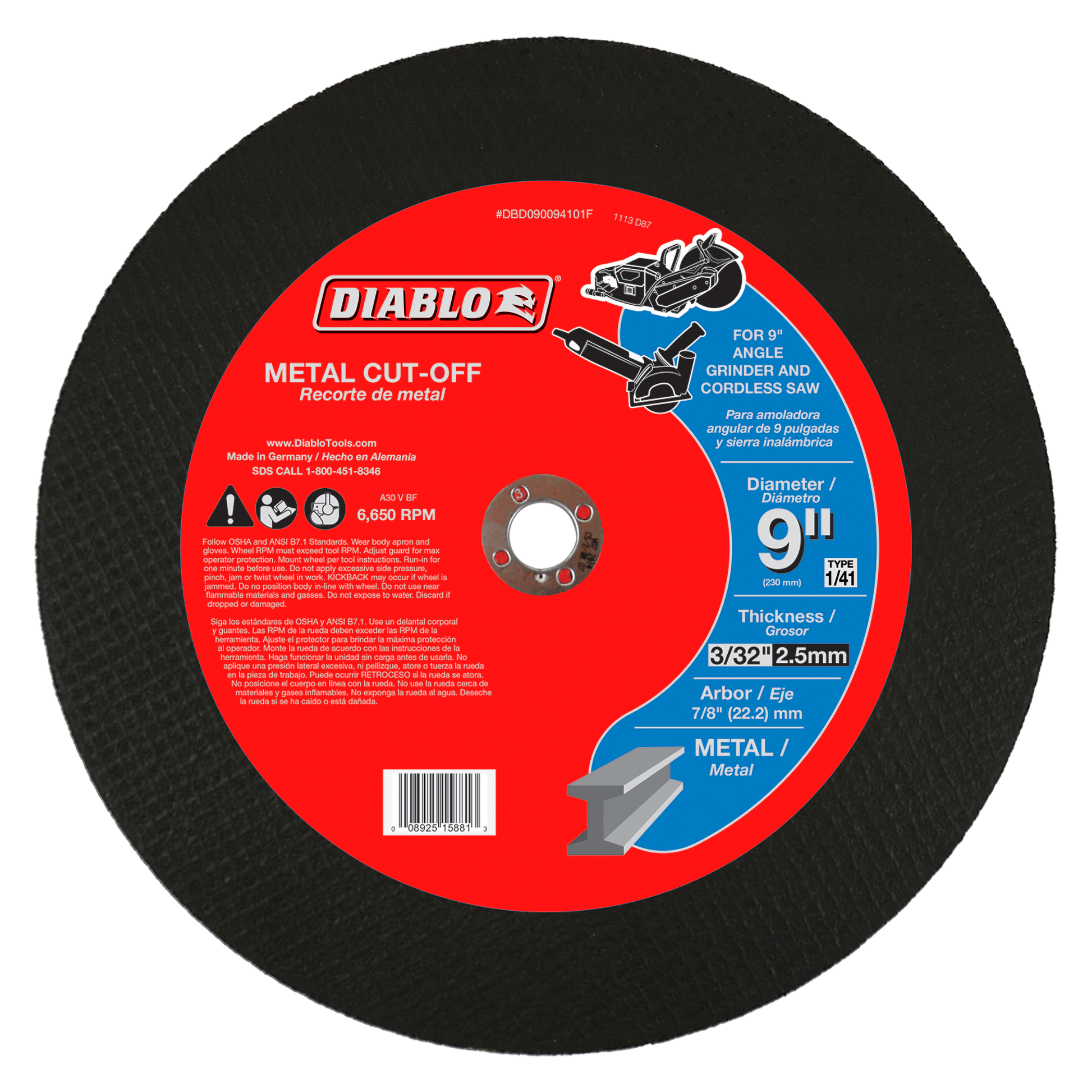 Black abrasive cutting disc with red and blue label showing Diablo branding and metal cut-off specifications.