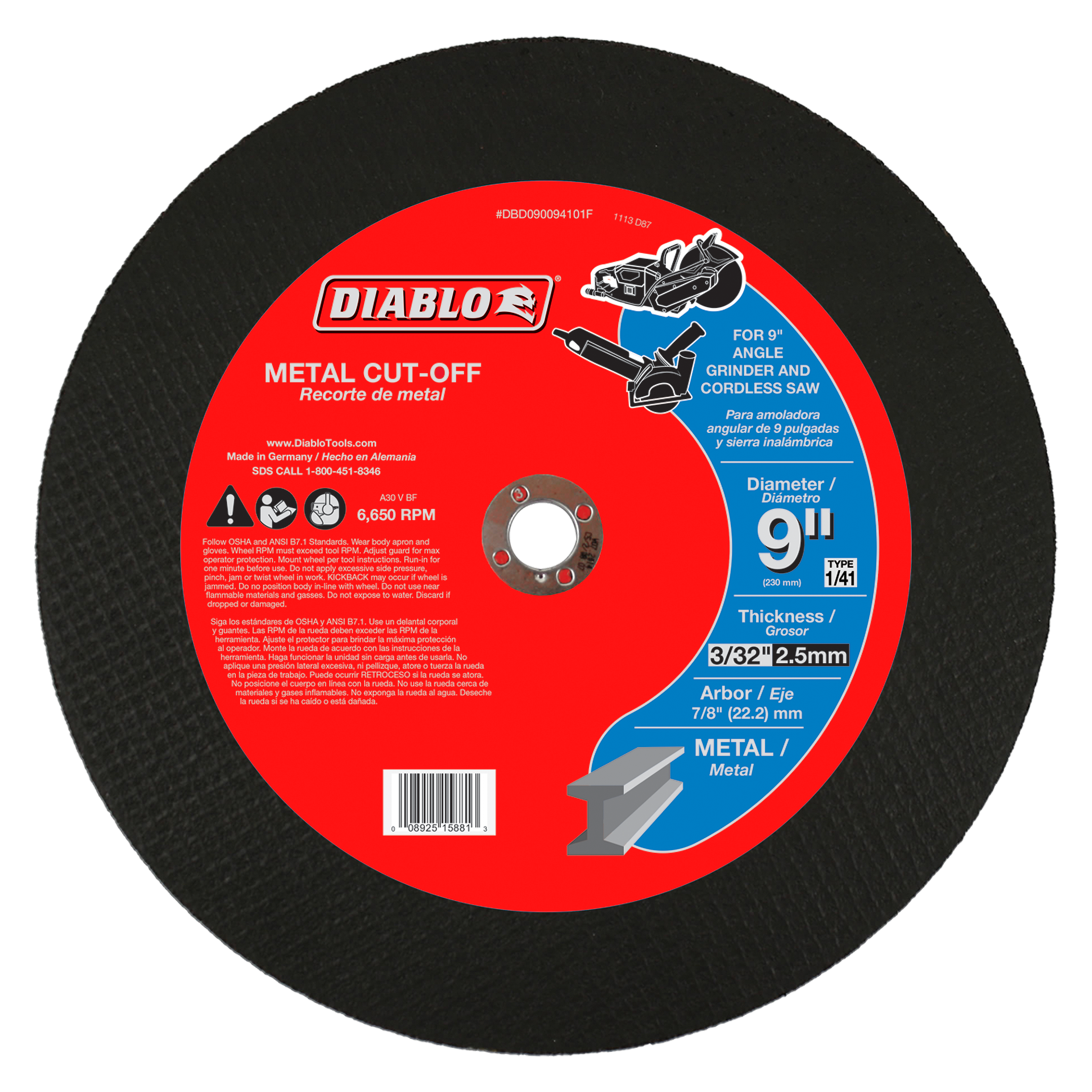 Black abrasive cutting disc with red and blue label showing Diablo branding and metal cut-off specifications.