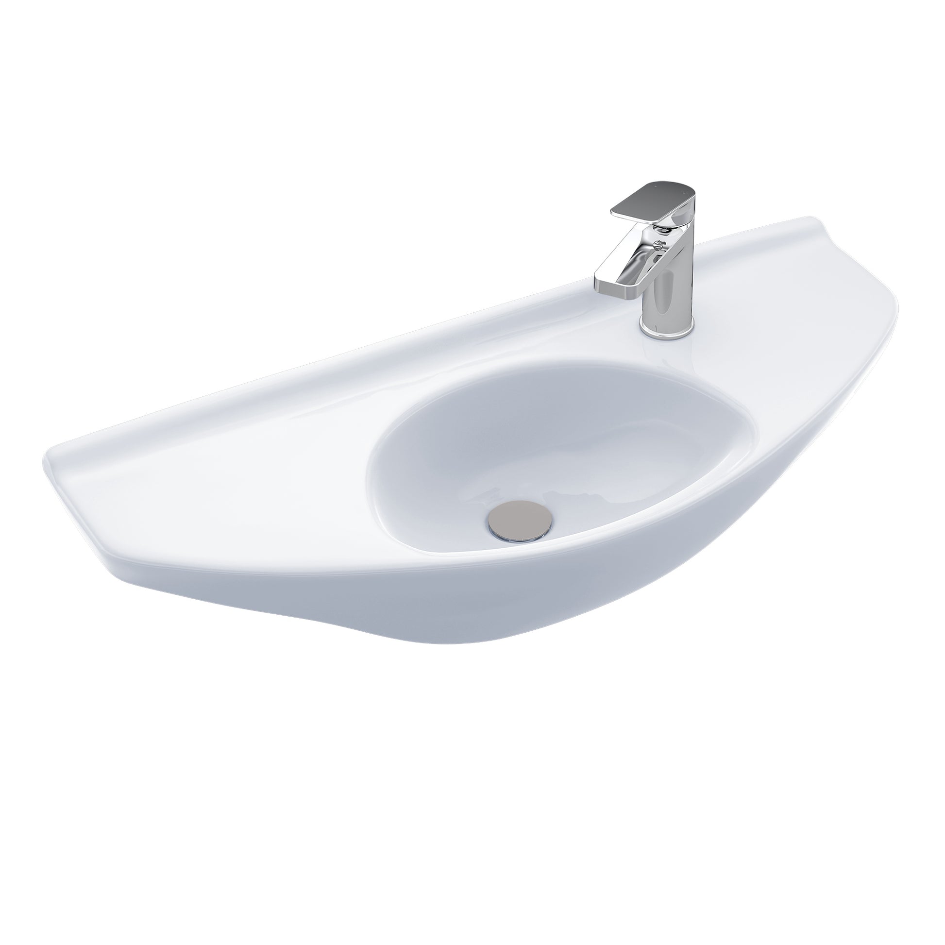 White oval wall-mount sink with single-hole faucet and drain opening.
