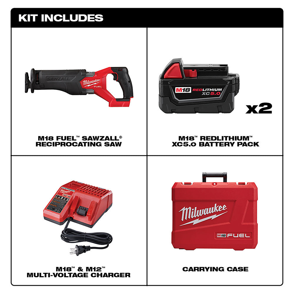 Black and red M18 FUEL reciprocating saw with two M18 lithium batteries, red multi-voltage charger, and red carrying case.