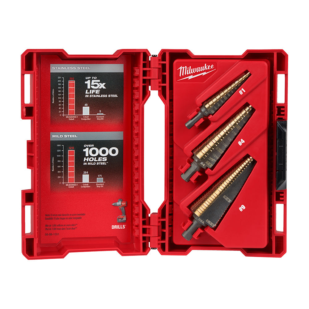 Three cobalt step drill bits with gold flutes in an open red Milwaukee carrying case with performance charts on the left pane