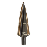 Milwaukee Cobalt step drill bit #9 with gold-colored stepped cutting edges and black shank, marked with size ranges 7/8 to 1-