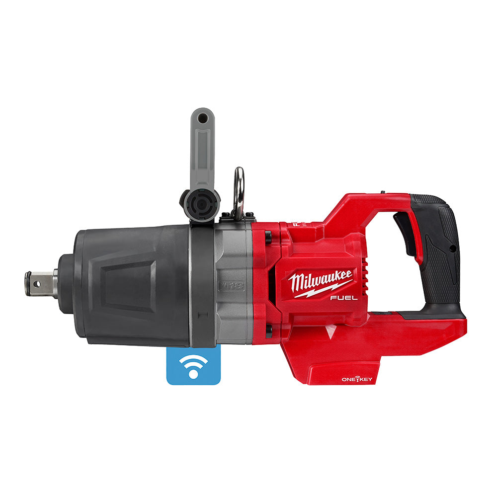 Milwaukee M18 FUEL high torque impact wrench with red body, black grip, D-handle, and ONE-KEY connectivity icon.