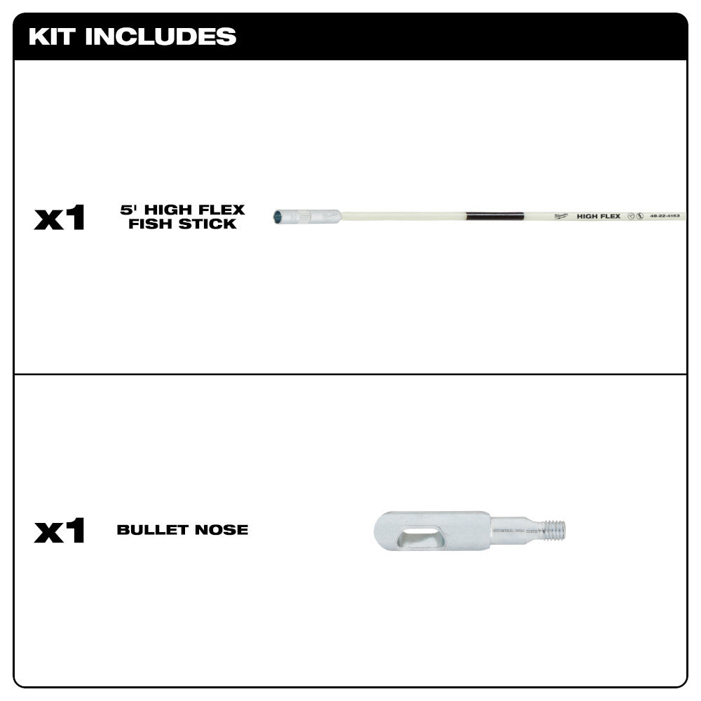 Milwaukee 5 ft. high flex fish stick with gray handle and black tip, plus bullet nose attachment.