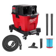 Red and black Milwaukee M18 FUEL wet/dry vacuum with hose, filter, and accessories displayed separately.