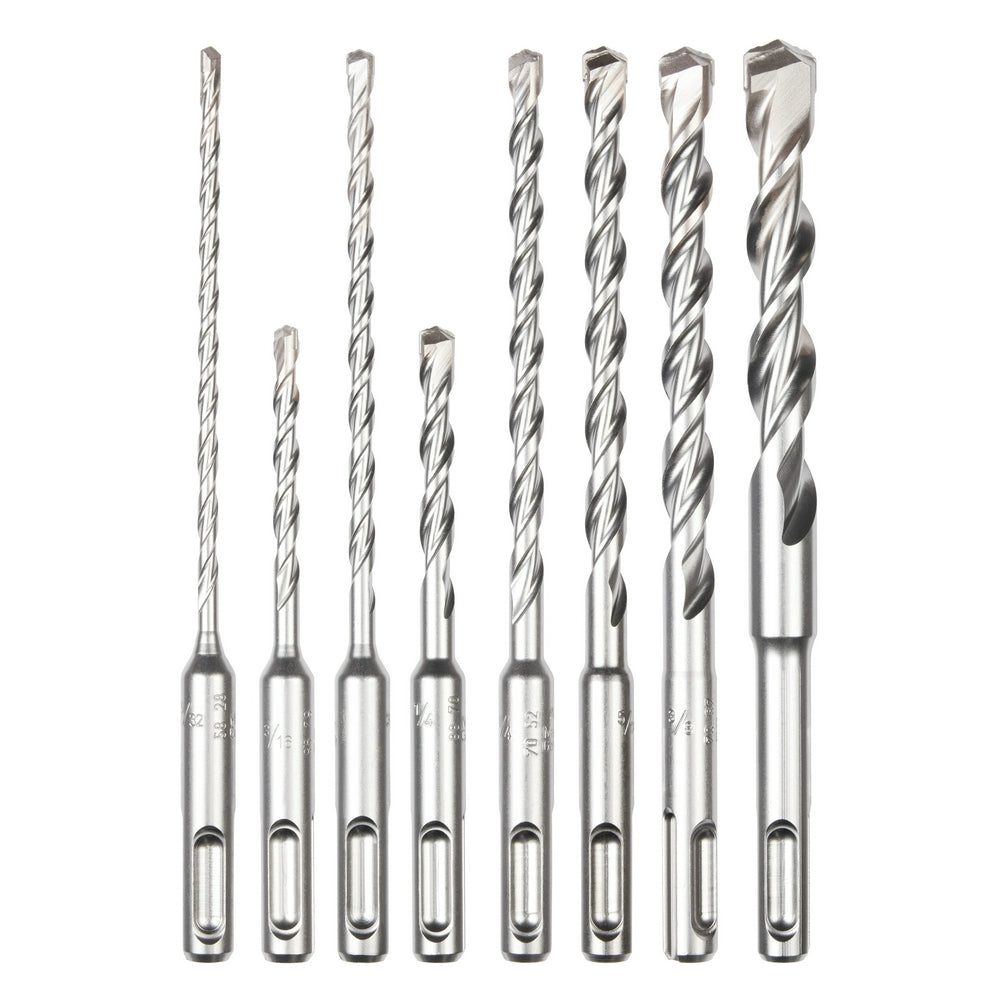 Eight SDS Plus drill bits in varying sizes with two-cutter heads and spiral flutes.