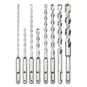 Eight SDS Plus drill bits in varying sizes with two-cutter heads and spiral flutes.
