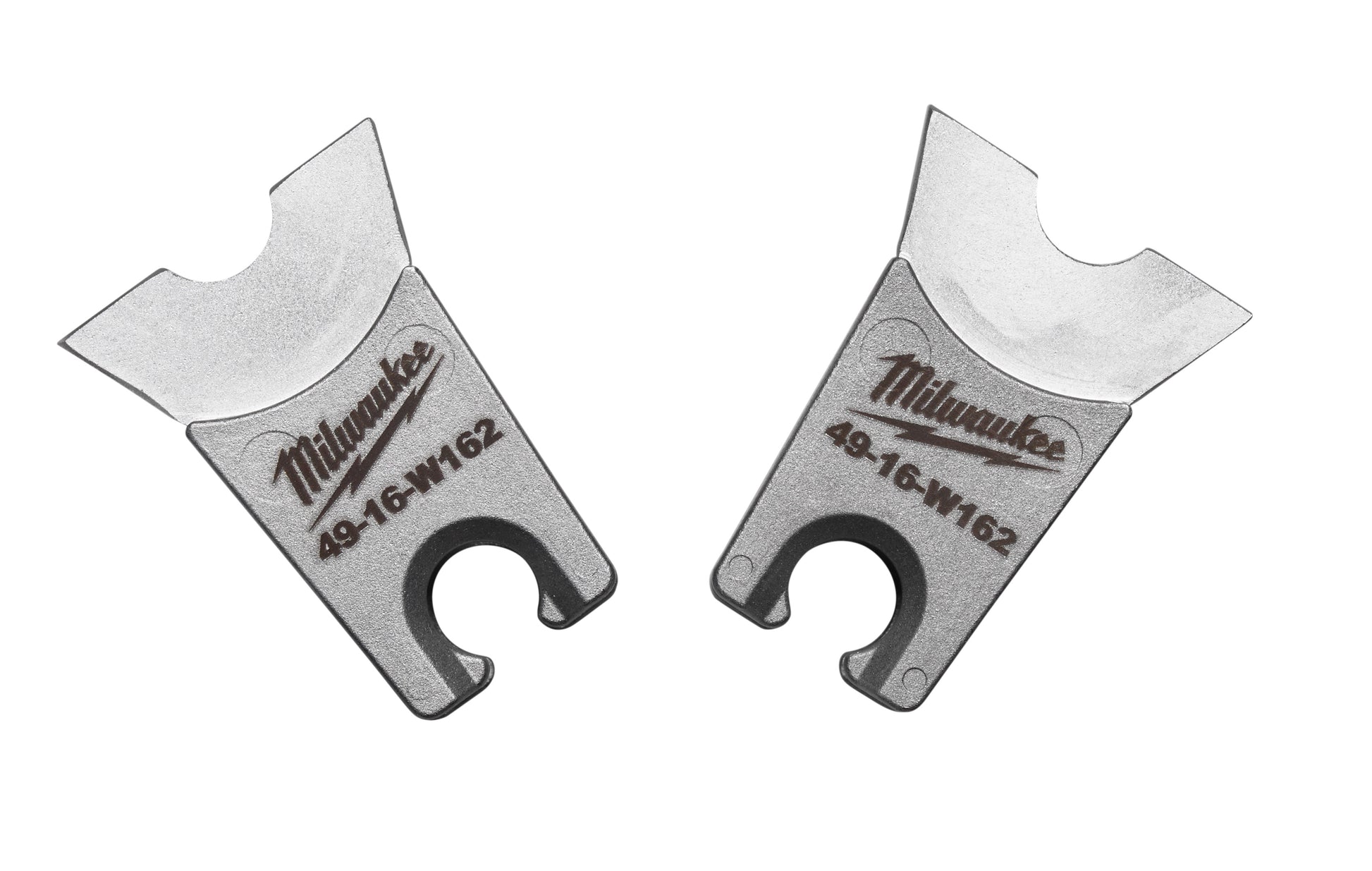 Milwaukee 49-16-W162 metal die set with curved jaws and center holes, shown front and back views.