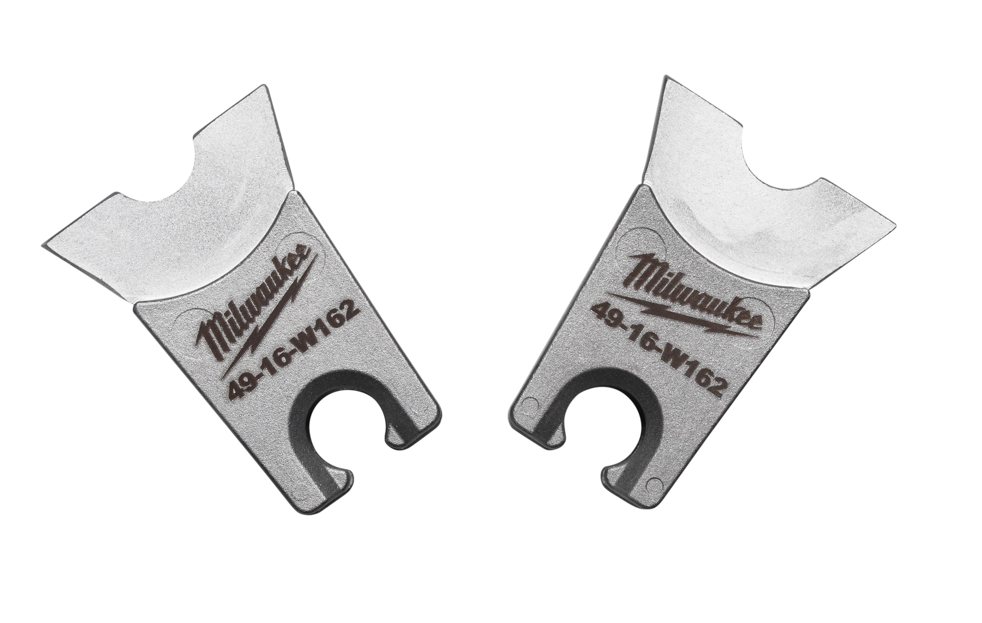 Milwaukee 49-16-W162 metal die set with curved jaws and center holes, shown front and back views.