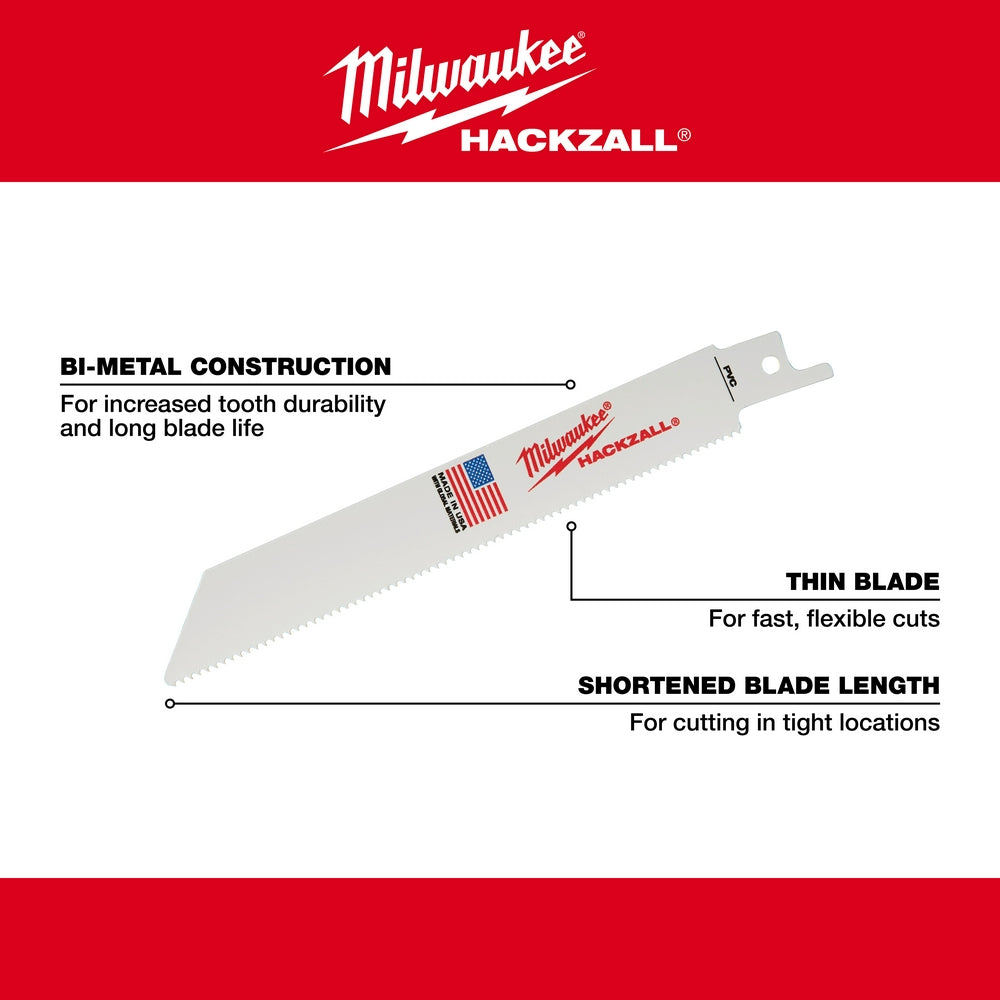 Milwaukee Hackzall 6" reciprocating saw blade with bi-metal construction and serrated cutting edge.