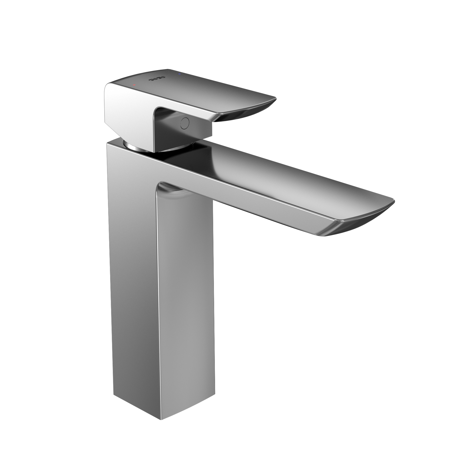 Polished chrome single-handle bathroom faucet with rectangular spout and tall squared base for vessel sinks.