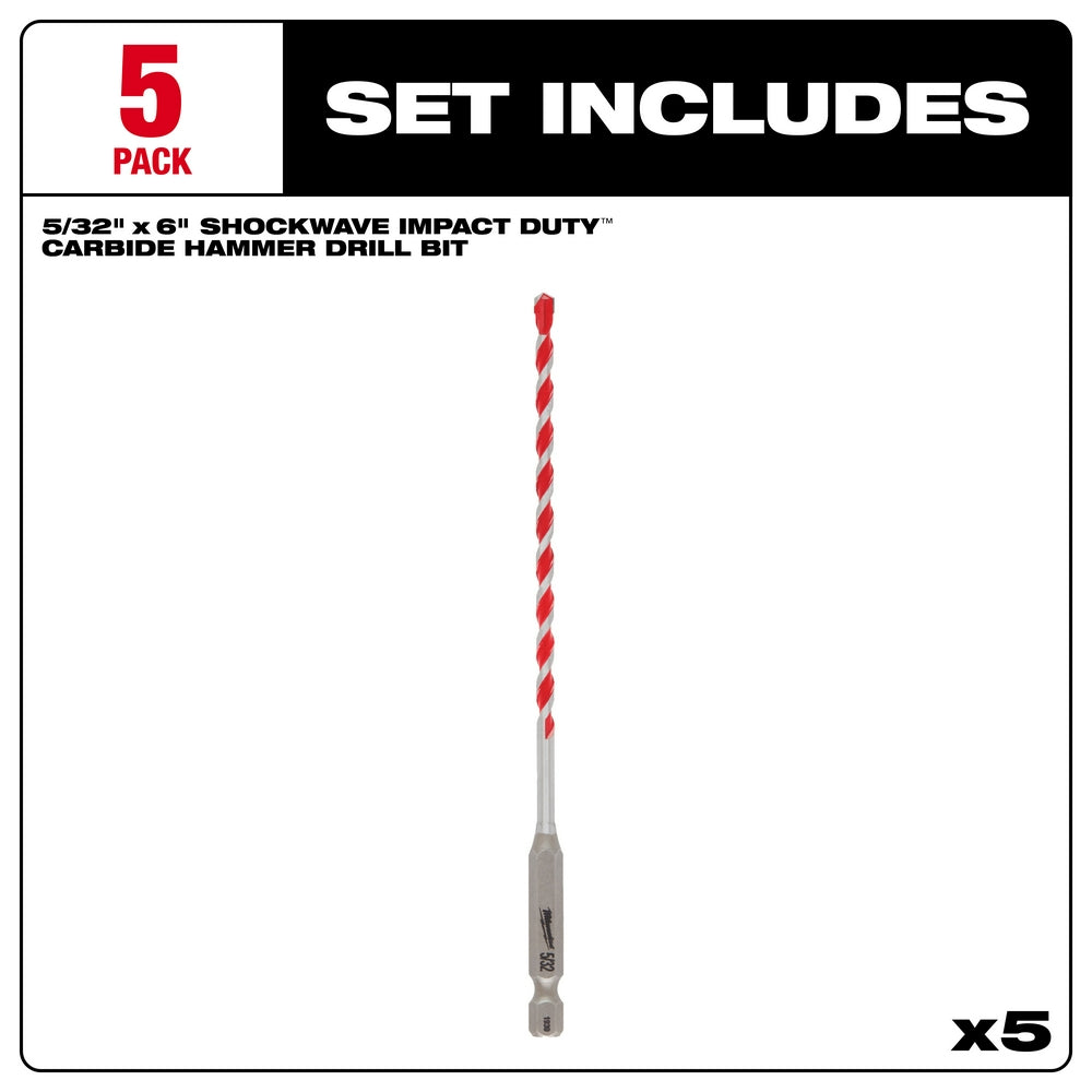 Five red and silver carbide hammer drill bits with twist flutes and hex shanks.