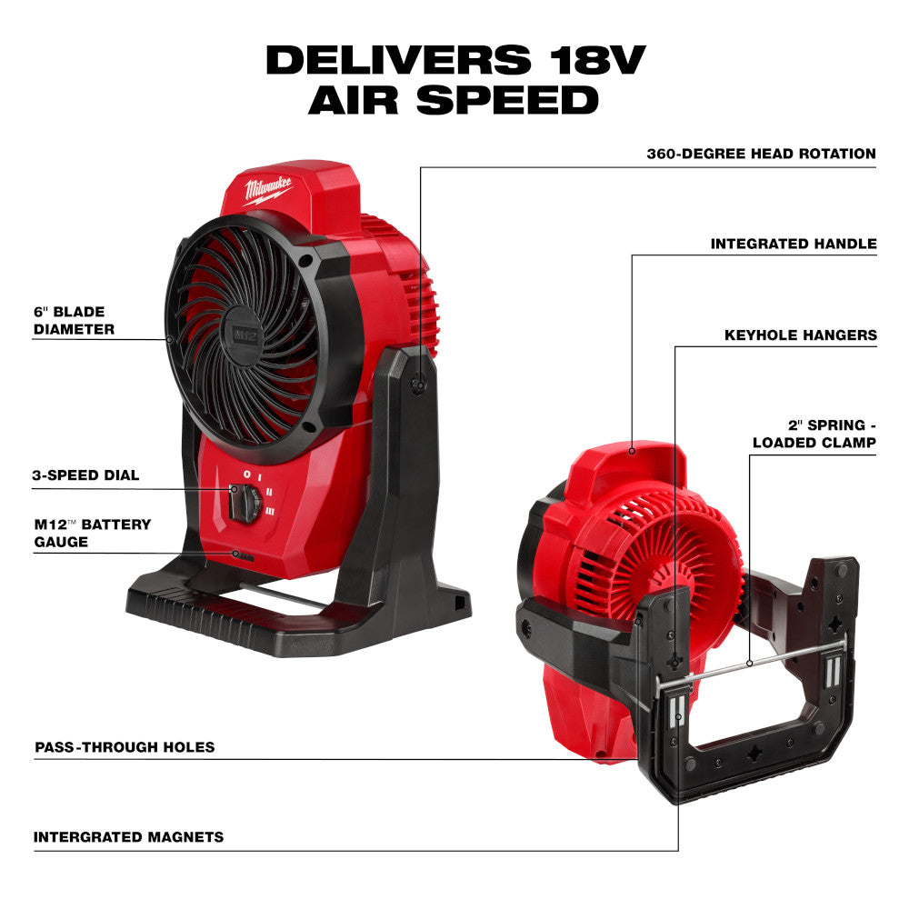 Red and black Milwaukee M12 mounting fan with 6-inch blade, 3-speed dial, integrated handle, and rotatable head shown in two 