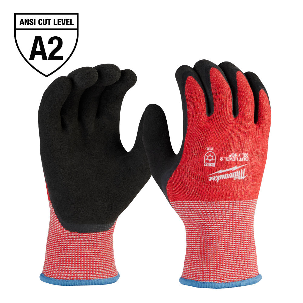Red knit gloves with black dipped palms and fingers, blue cuff trim, ANSI Cut Level A2 rated.