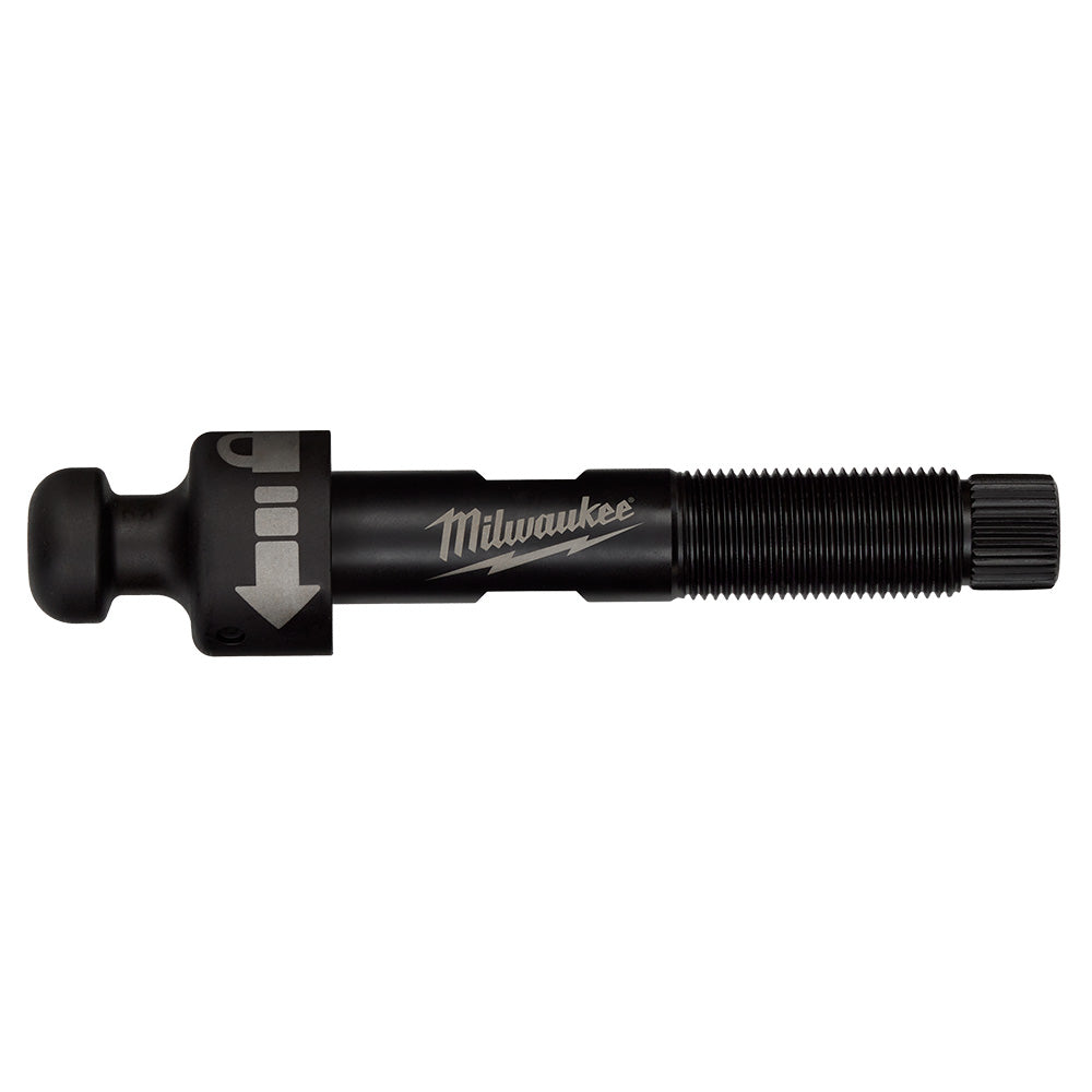 Black Milwaukee draw stud with threaded shaft, reset mechanism on left end, and knurled adjustment grip on right end.