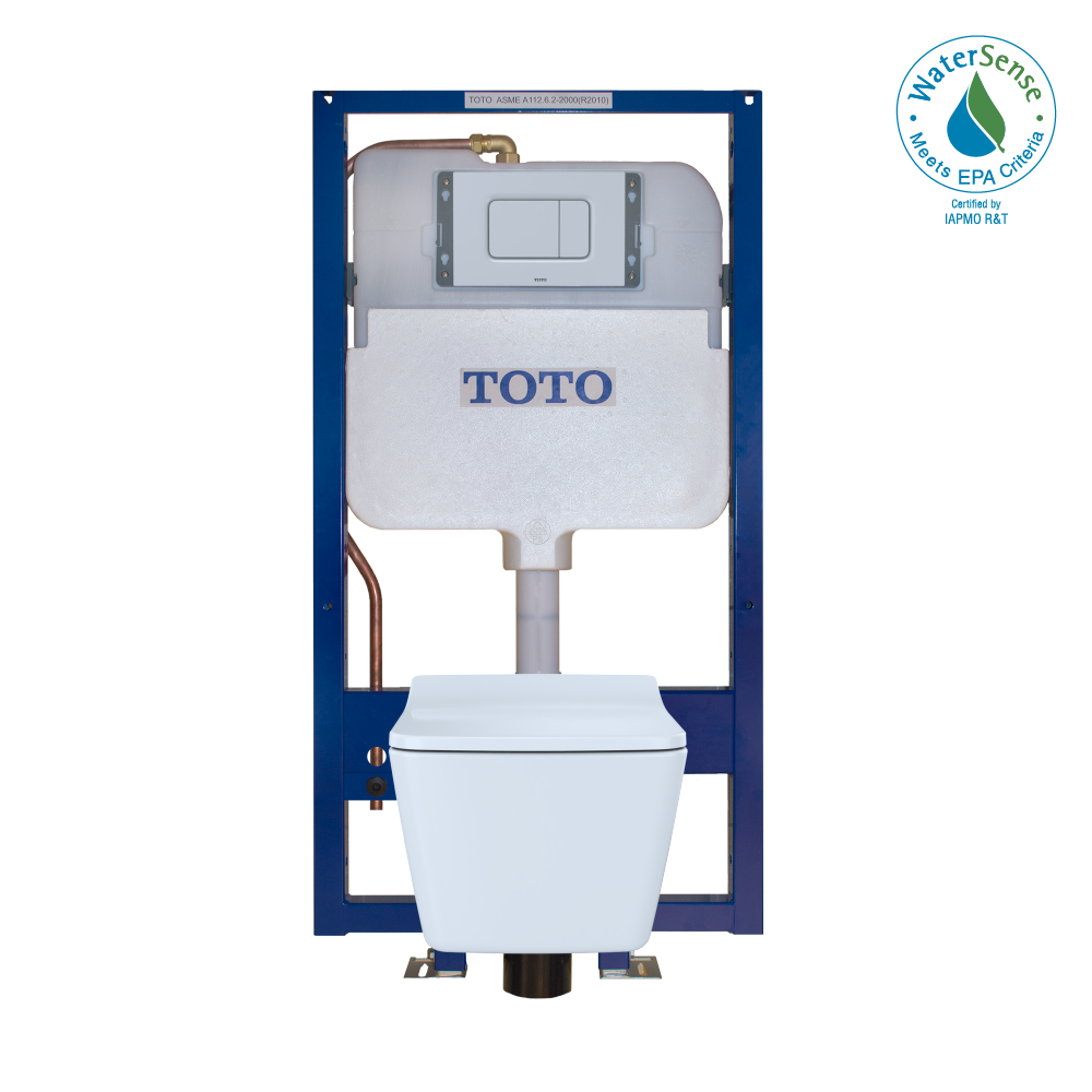 Toto SP matte silver wall-hung square toilet with dual-flush in-wall tank system and dual-button control panel.