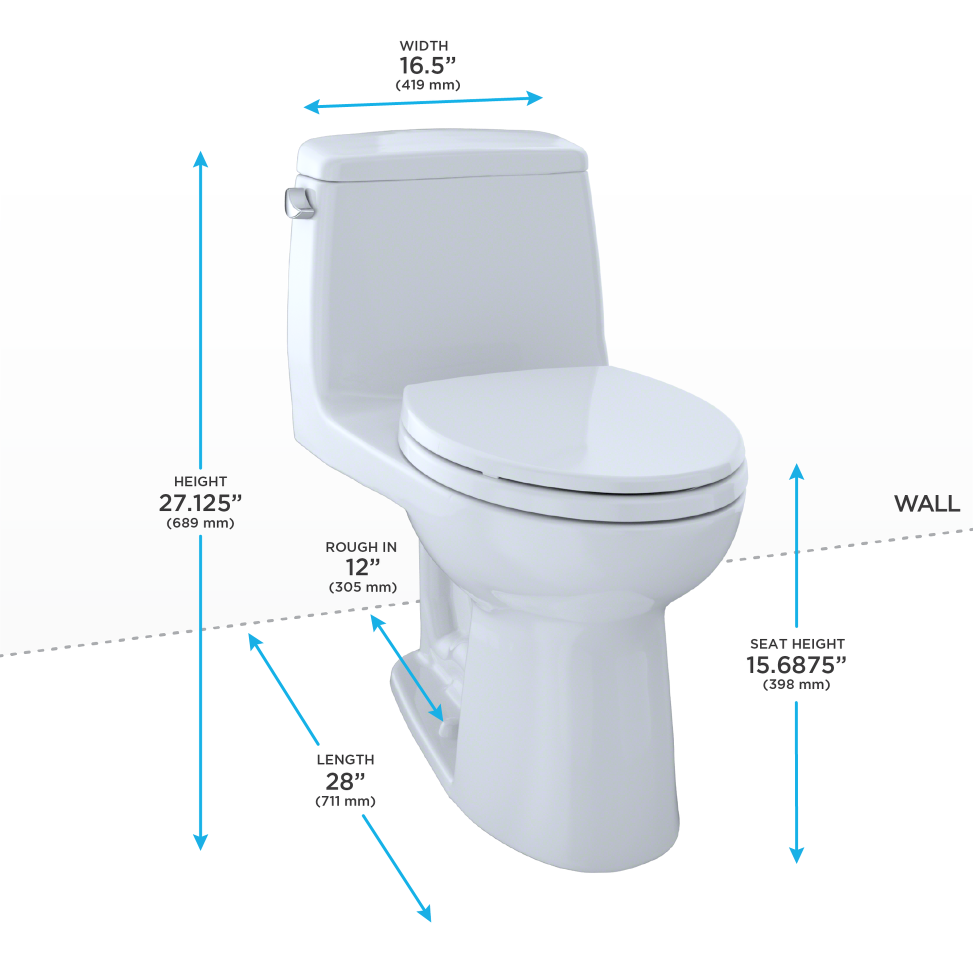 Cotton white one-piece elongated toilet with soft-close seat and dimension specifications: 27.125" height, 16.5" width, 28" l