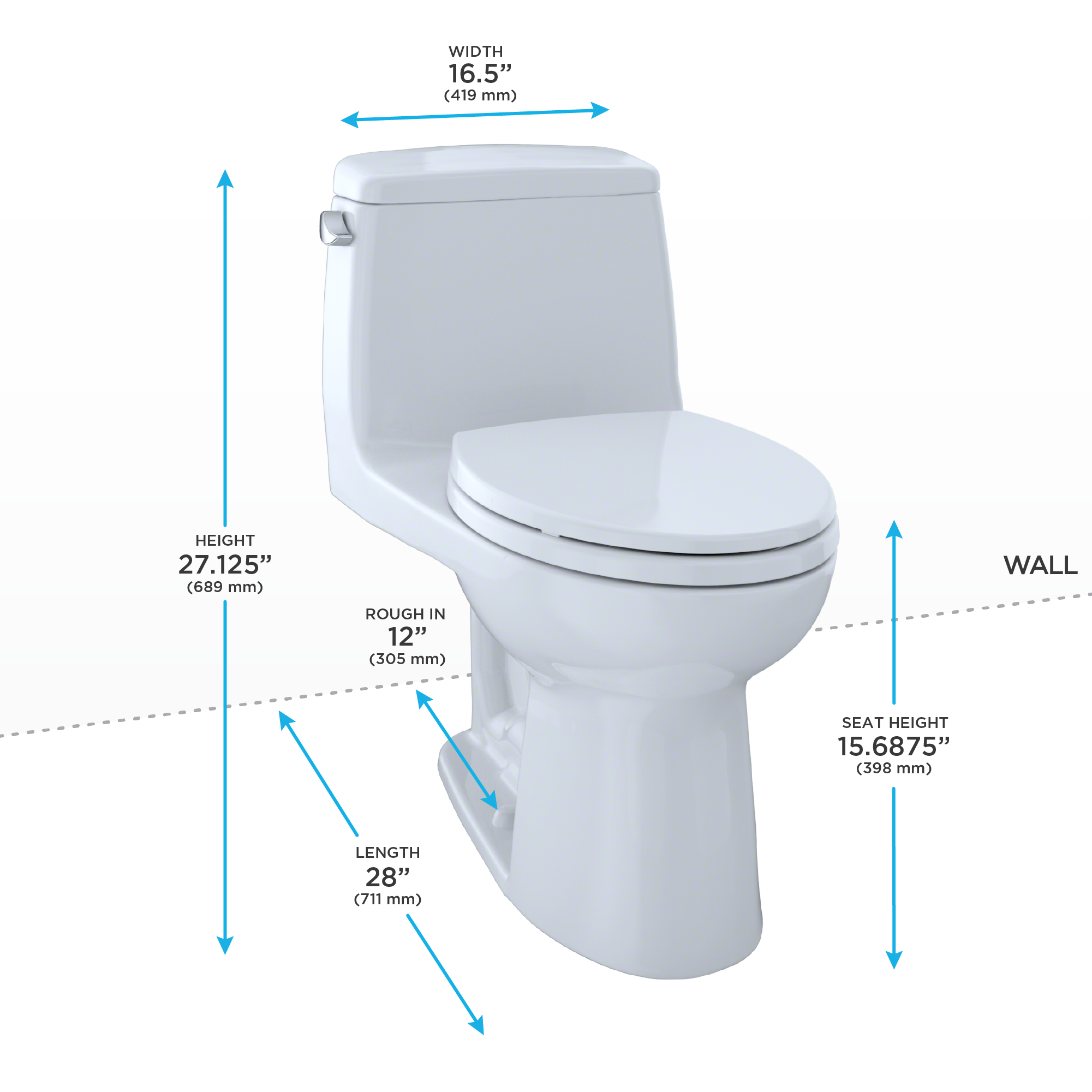 Cotton white one-piece elongated toilet with soft-close seat and dimension specifications: 27.125" height, 16.5" width, 28" l