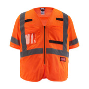 Orange mesh safety vest with reflective gray strips, multiple pockets, and front zipper closure.