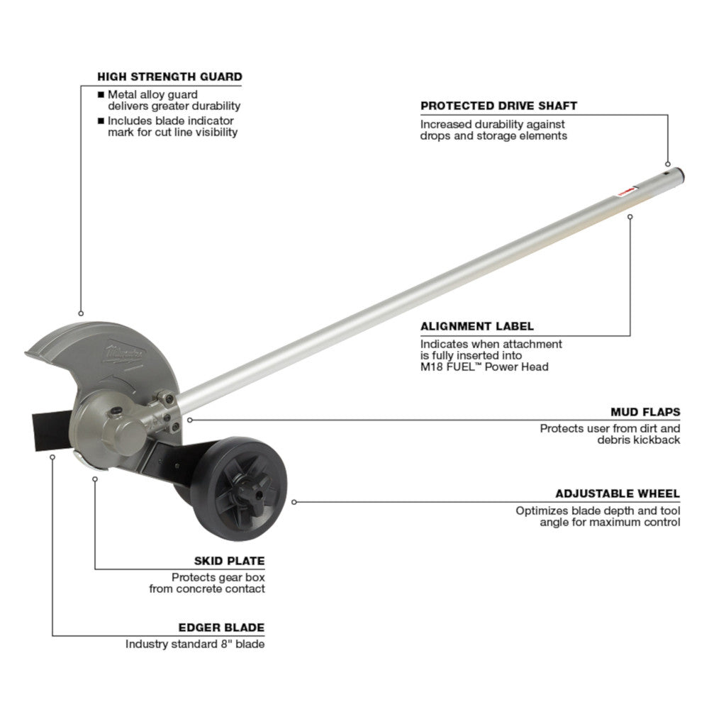Milwaukee M18 FUEL edger attachment with metal guard, drive shaft, adjustable wheel, mud flaps, skid plate, and 8-inch blade.